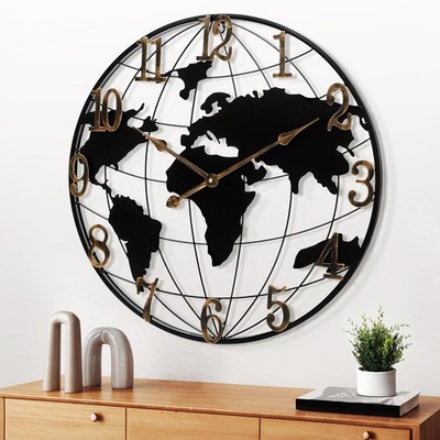 Maxstar Large World Map Wall Clock, Metal 20 Inch, Black-arabic Numerals 
