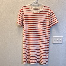 Madewell Red White Striped T-Shirt Dress Crew Neck Pocket Cotton Knee S