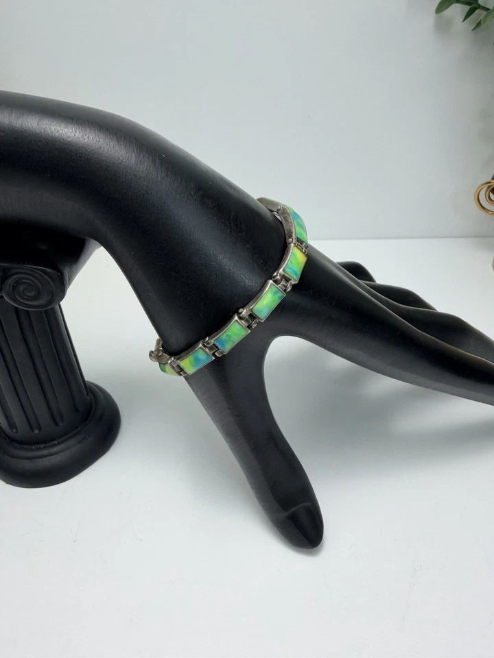 Brazalete Vintage México Plata Esterlina Arte Panel Vidrio Verde Azul Opalino Foto 4 de 4