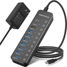 10-Port USB Hub, 10Gbps USB-A/USB-C, Powered with 60W & Touch Switches