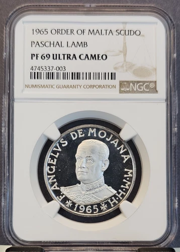 1965 ORDER OF MALTA SILVER 1 SCUDO PASCHAL LAMB NGC PF 69 ULTRA CAMEO TOP POP !