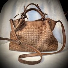 Valentina Brown Woven Leather Large Hobo Shoulder Handbag Made In Italy 