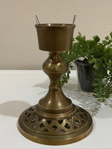 Vtg Solid Aged Brass Reticulated Taper Dinner Candle Holder Made In India  - Picture 5 of 8