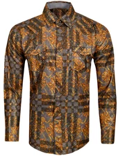 Mens Western Rodeo Shirt Long Sleeve Pearl Snap Button Up Foil Geometric Gray