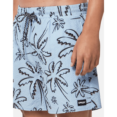 Oakley seersucker 16'' beach shorts three lines palms light blue costume new L