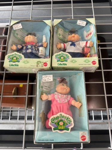 Vintage Cabbage Patch Kids Baby Dolls Lot of 3 Mattel Boxed w Papers Accessories