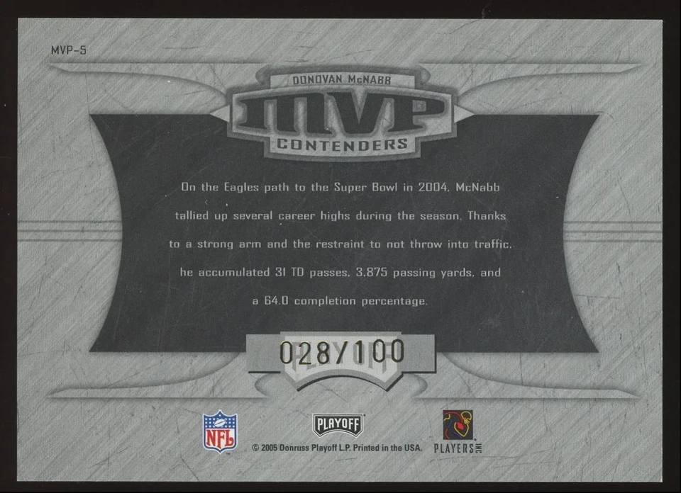 Donovan McNabb #MVP-5 2005 Playoff Contenders MVP Green /100 Philadelphia Eagles - Image 2 of 3