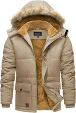 TACVASEN Men's Winter Jacket with Hood Water Repellent Windproof Large, Khaki 