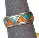 Vintage NAVAJO Sterling Silver, Spiny Oyster & Turquoise Chip Inlay Ring Size 7