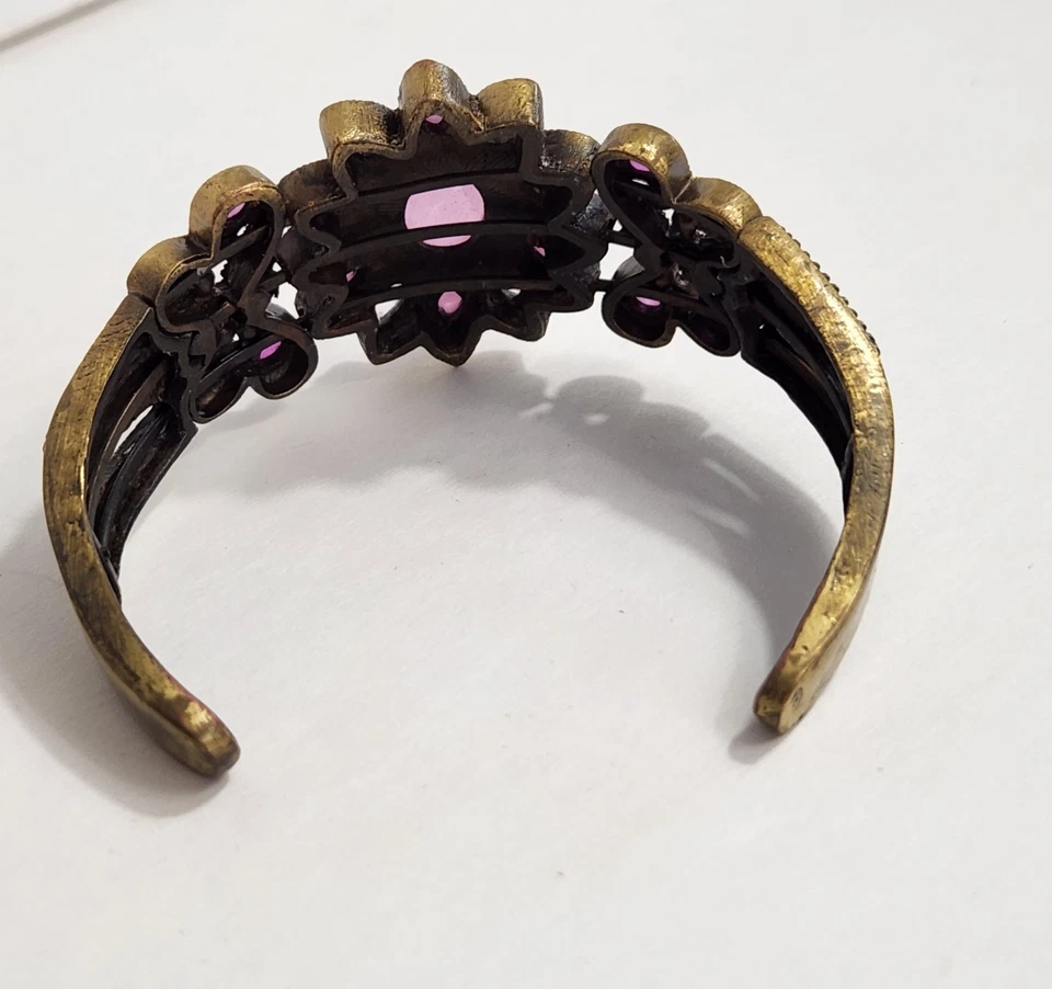 复古风格袖口手链紫色花卉图案带粉红色宝石金色阅读 — 第 4/4 张图片