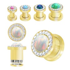 Opal Gold Screw-Fit Tunnel Gem Rim Surgical Steel Double Flare Plug Sold as Pair