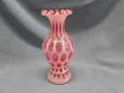 Fenton Coin Dot Opalescent Vase with Ruffled Top Cranberry 6 inches