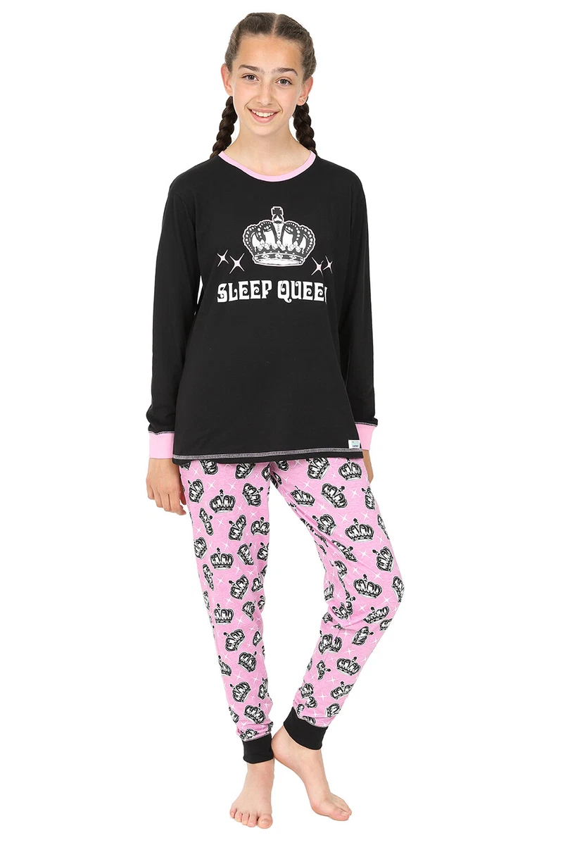Girl s Sleep Queen Long Pyjamas 10 to 16 Years Pink Black Pj Pjs Girls w19