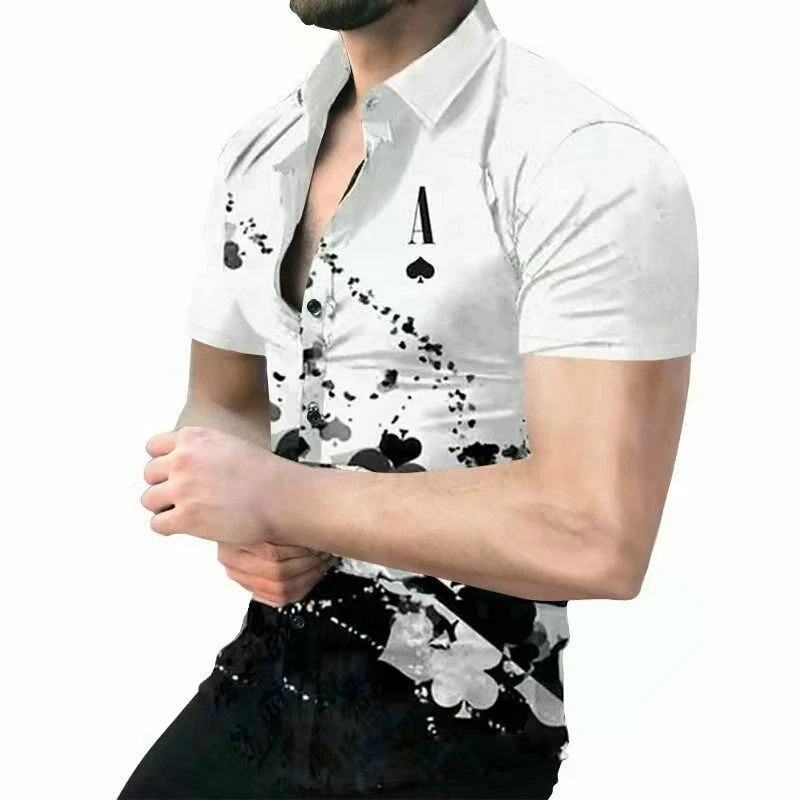 Button Down Shirt Men Ace of Spades White Fashion Short Sleeve Casual Party Tee