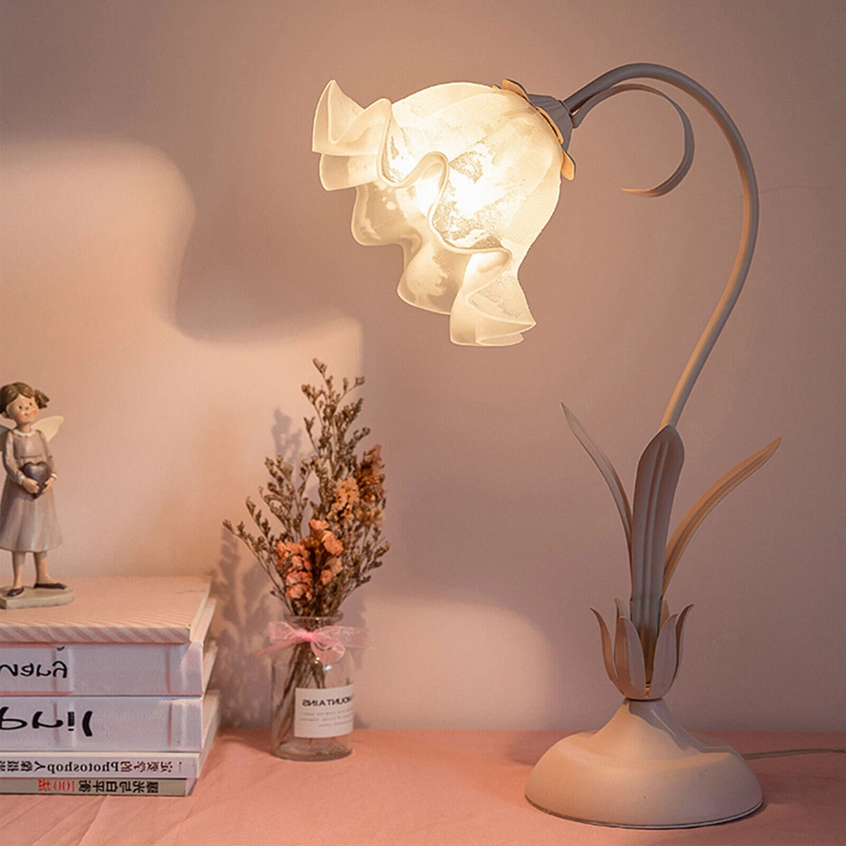 Goose Neck LED Table Lamp Lily Flower Glass Lampshade Bedroom Desk Light  Plug in