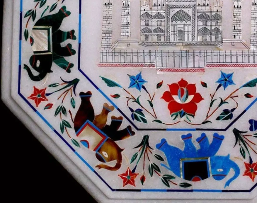 12" Octagon White Marble Coffee Table Mop Taj Mahal Design Handmade Elephant Dec - Image 2 of 4