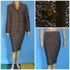 St John Collection Brown Red Jacket Skirt L 10 14 2pc Suit Buttons Suede Trims