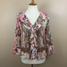Vintage Allison Taylor Women Medium Pink Brown Paisley Ruffle Lace Fairy 90s Top