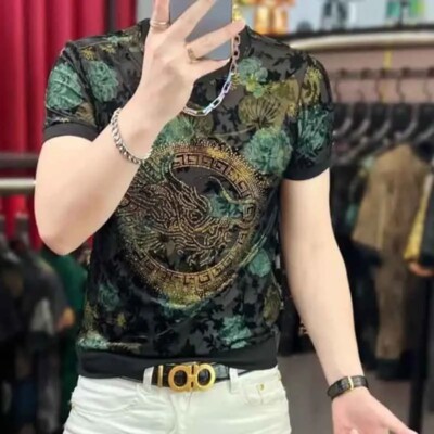 New Fashion Trend Dragon Hot Diamonds Rhinestones Summer Luxury Men T-Shirt