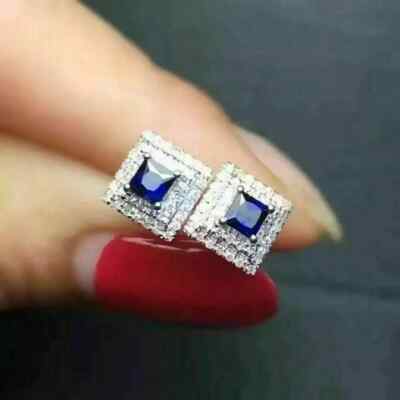 Sapphire 0.80Ct Lab Created Diamond Princess Stud Earrings 14K White Gold Finish