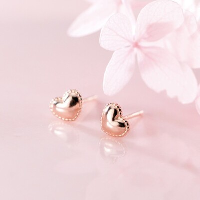 Small Solid 925 Sterling Silver Heart Stud Earrings 18K Rose Gold Heart  Gift