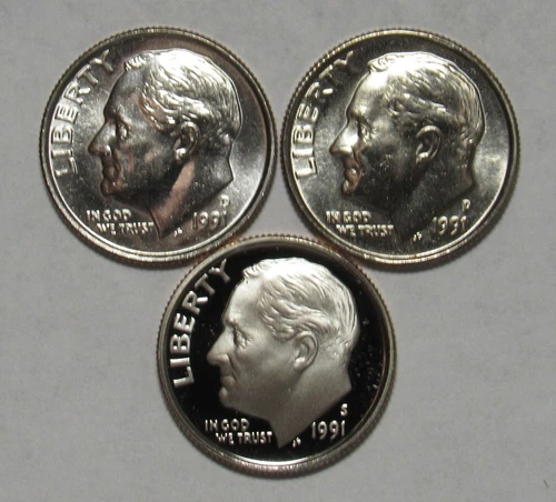 1991 P,D&S Roosevelt Dimes in BU and Proof condition