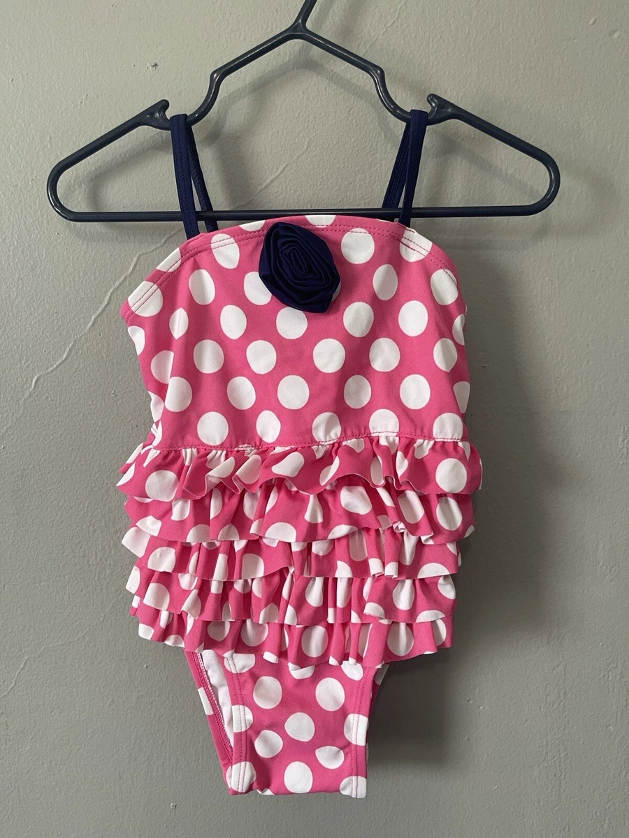 Old Navy Baby Girls Big Polka Dot Ruffle 3D Flower 1 Piece Swimsuit Pink 12 18M