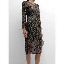 Dress The Population Black Embroidered Sequin Bodycon Midi Long Sleeve Formal S
