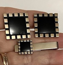 Rare Vintage 1950's Swank MCM Gold Black Onyx Square Cufflink Tie Clip Set