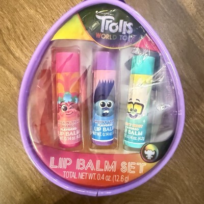 Trolls Movie Flavored Lip Balm 3 Pack Set ( Mango Grape Fruit )  Lot of 4 Easter
