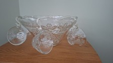 Vintage Clear Heavy Glass Punch Bowl and 6 Cups Set Grape Pattern