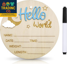 Baby Announcement Sign, 5.9 Inch Wooden Hello World Newborn Signs, Birth Announc