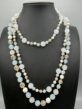 Vintage Long Plastic Bead Necklace Opalescent Blue White Faceted Beads