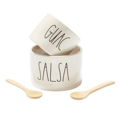 Rae Dunn 'Guac' & 'Salsa' Ceramic Dip Bowls with 2 Wooden Spoons New MSRP $40