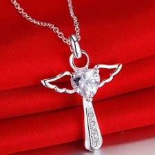 925 Sterling Silver Plated Crystal Cross Necklace Angel Guardian + Bag Womens UK
