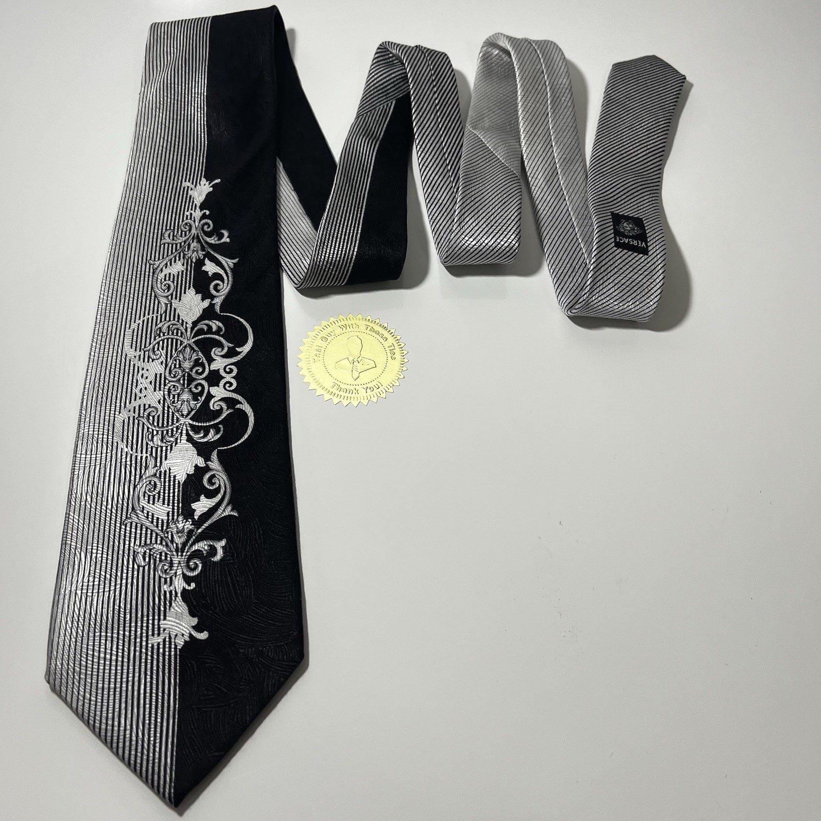 VERSACE Black&Silver Split Pattern Silk Luxury Ti… - image 12