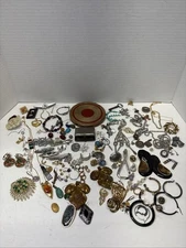 Vintage Jewelry & Beauty  Estate Junk Drawer Earrings, Pins , Compact & Pieces