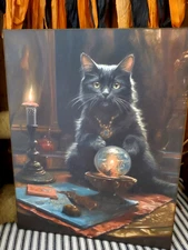 CUTE GOTHIC RETRO FOLK PRIMITIVE VINTAGE STYLE HALLOWEEN FORTUNE TELLER CAT SIGN