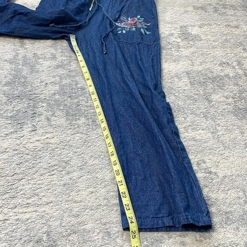Lezat Gracie Denim Coverall Jumpsuit Indigo Long Sleeve Floral Sz M - Picture 12 of 16