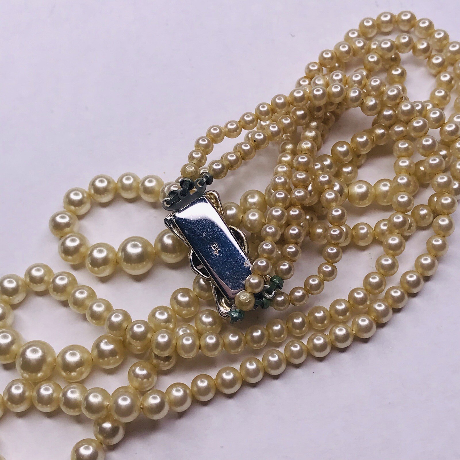 Graduated Pearl Necklace Triple Strand Bow Crystal Cl… Gem