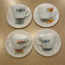 Vintage Set of 4 Fire King Bonnie Blue Flower Milk Glass Coffee Tea Cups Saucers