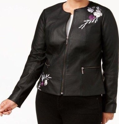plus size embroidered leather jacket