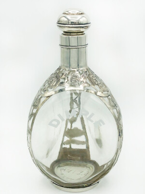 Antique Art Nouveau Sterling Silver Overlay Haig s Pinch Whiskey 3 Sided Bottle.