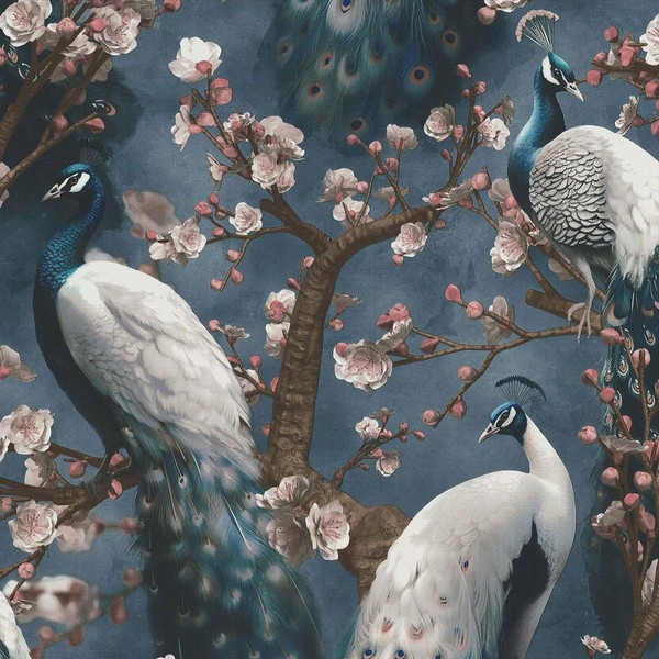 Erismann Pfau Tapete BlüTen BäUme VöGel Strukturiertes Vinyl Marineblau 10414-08-image