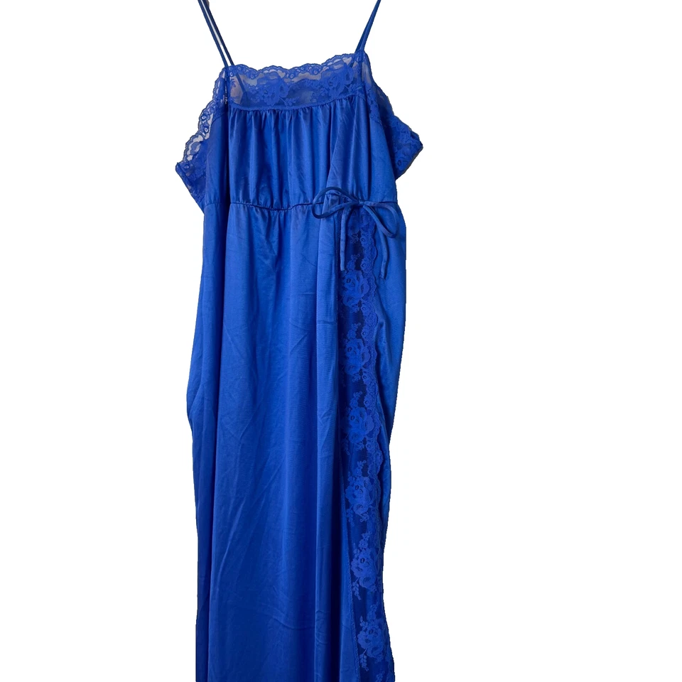 VTG Blue Slip Dress Long Romantic Sz L Lace Side Slit Babydoll Maxi Feminine - Image 3 of 4