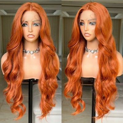 Orange Ginger Red Wig HD Front Lace Human Hair Blend Highlights  Wavy Curly 