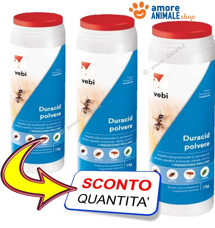 Vebi DURACID POLVERE 1 KG INSETTICIDA Pidocchio Pollino Scarafaggi Cimici Pulci