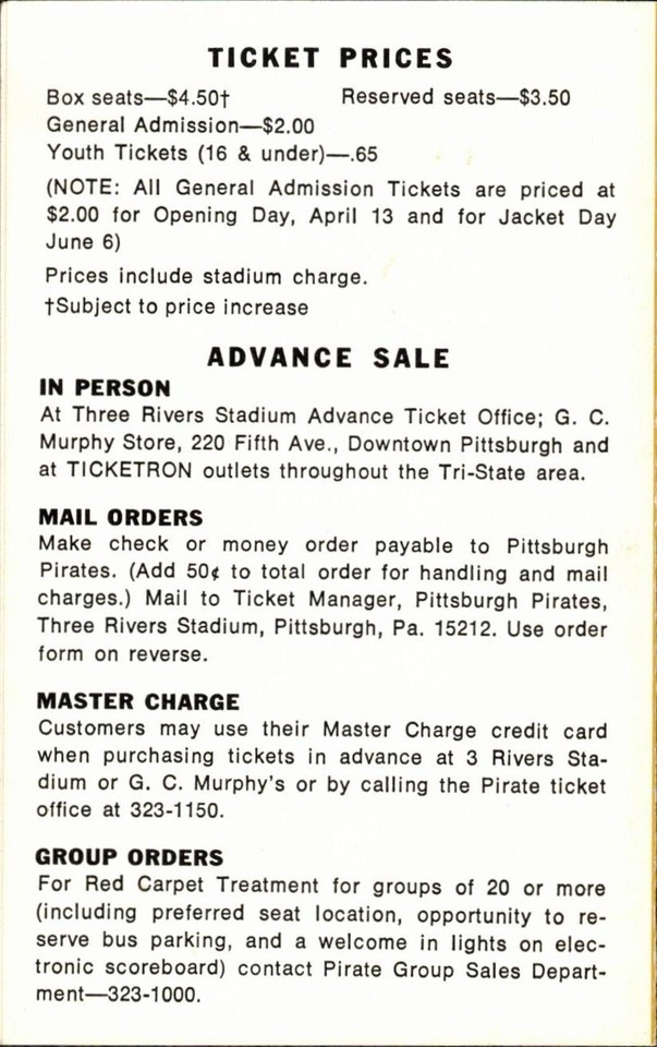 1976 Pittsburgh Pirates pocket schedule | eBay