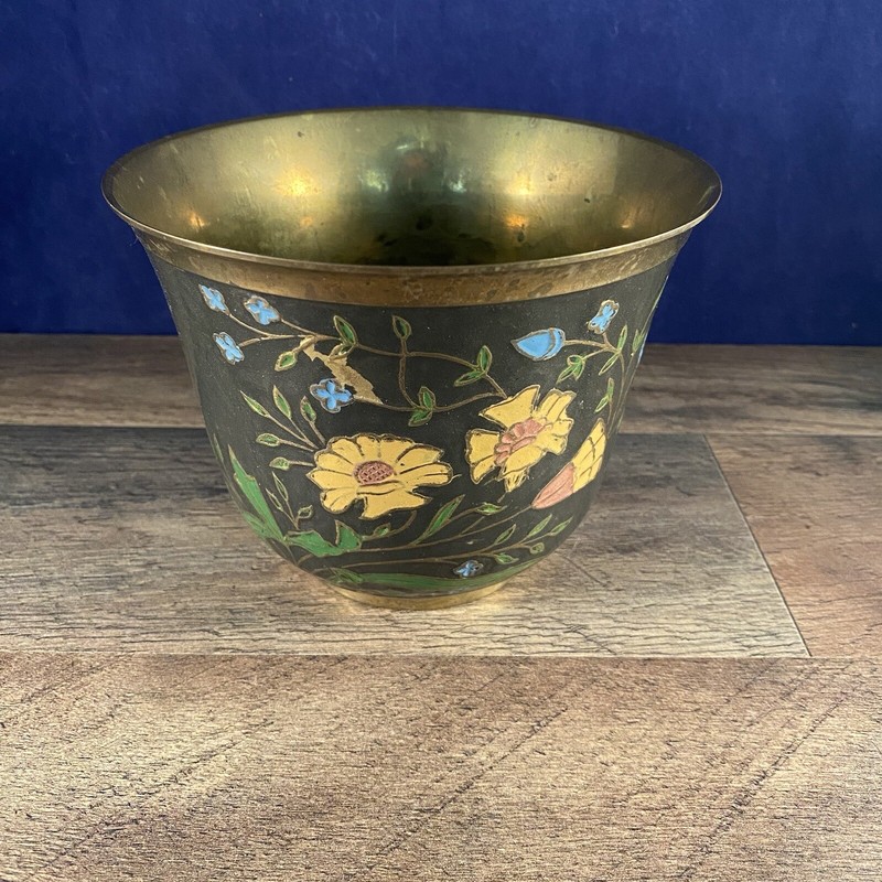 Brass Enamelware Bowl Planter Vintage 6"Dia x 4.75