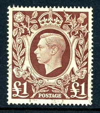 GVI - 1939. Arms Issue. SG478c. £1 brown. Very fine  used example.